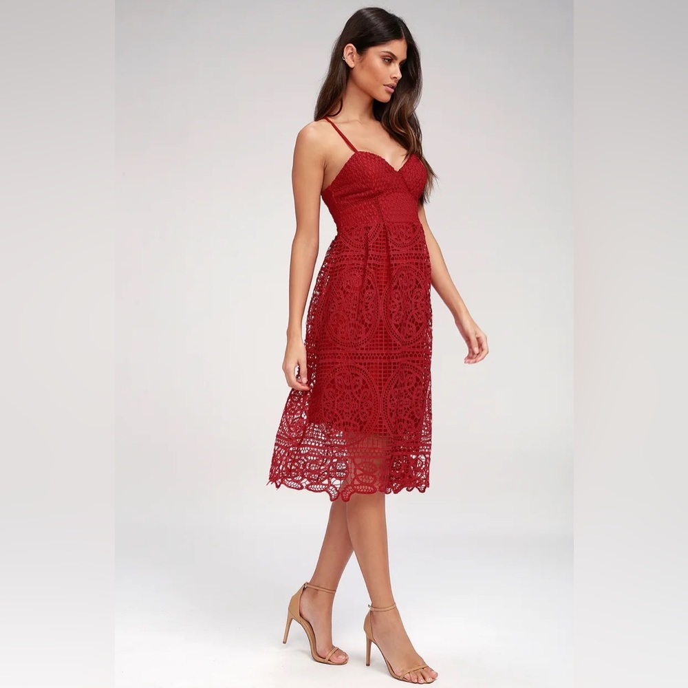 Lulu’s Real Life Dream Berry Red Lace Midi Dress